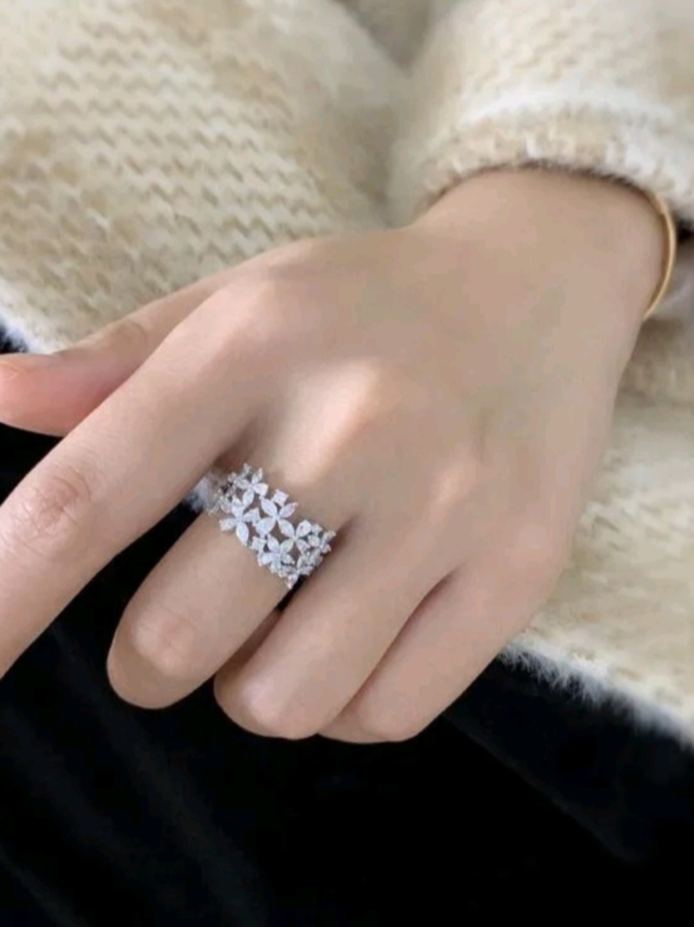 White Rhodium Quartz Floral pave Ring